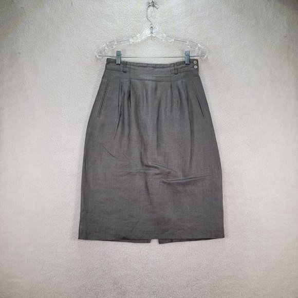 Vintage Liz Claiborne Gray Pure Linen High Waist Pleated Unique Pencil Skirt - Picture 2 of 12